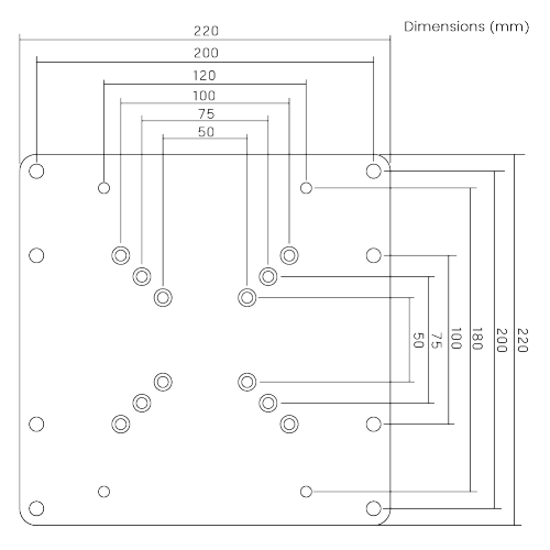 Wolff Mount TVB-109 VESA extension plate – technical drawing and dimensions