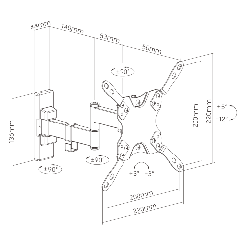 Wolff Mount TVB-102 full-motion TV wall mount – technical drawing and dimensions