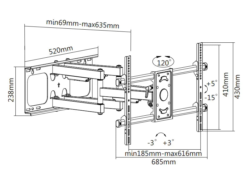 Wolff Mount TVB-78 full-motion TV wall mount – technical drawing and dimensions